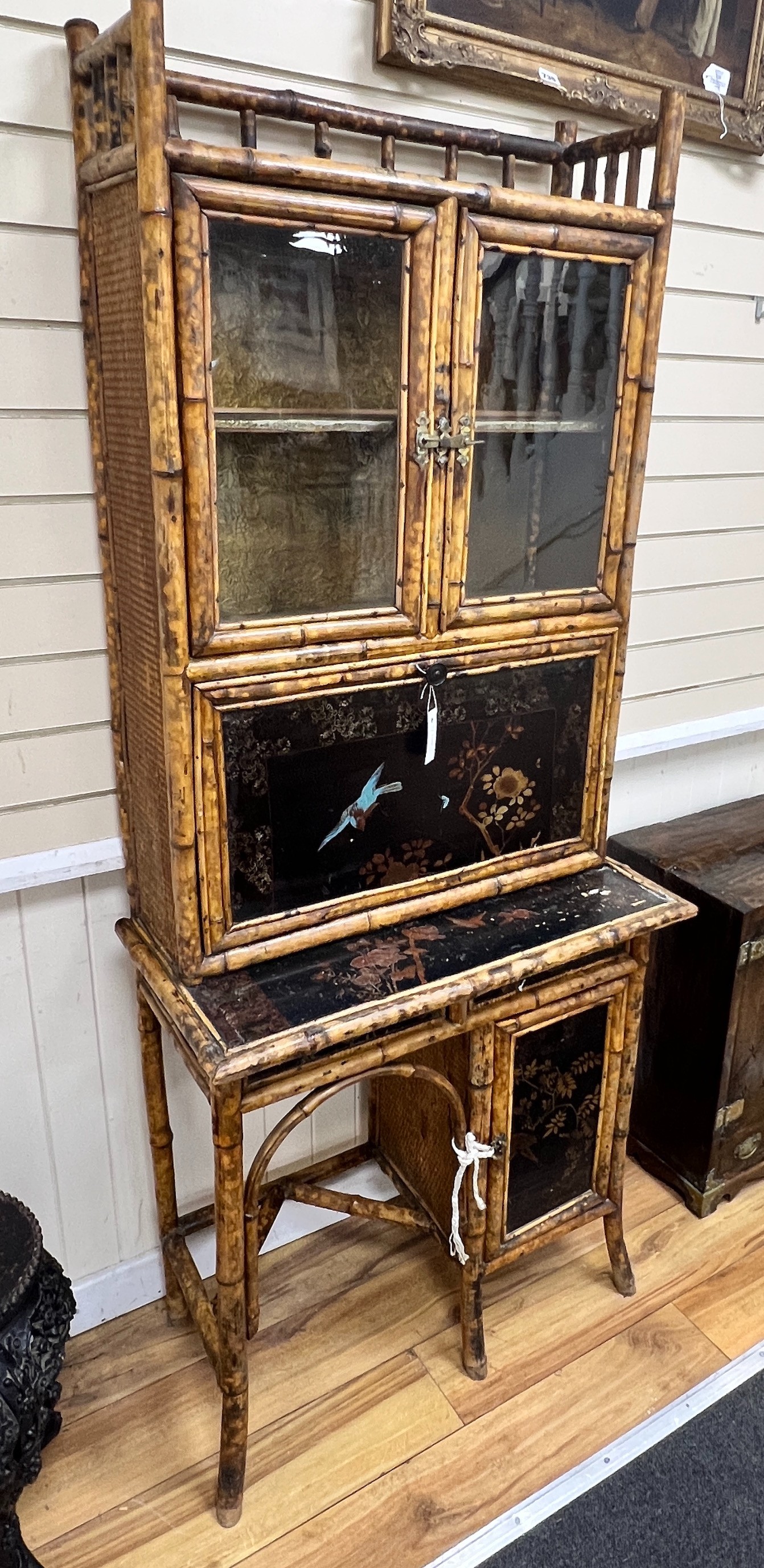 A late Victorian chinoiserie lacquer glazed bamboo writing cabinet with fall front compartment, width 76cm, depth 41cm, height 187cm